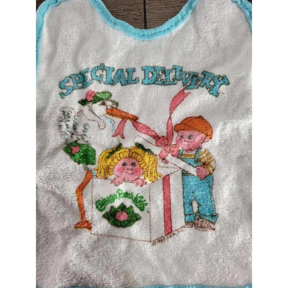 Vintage‎ 1980s Blue Trim Cabbage Patch Baby Bib Stork